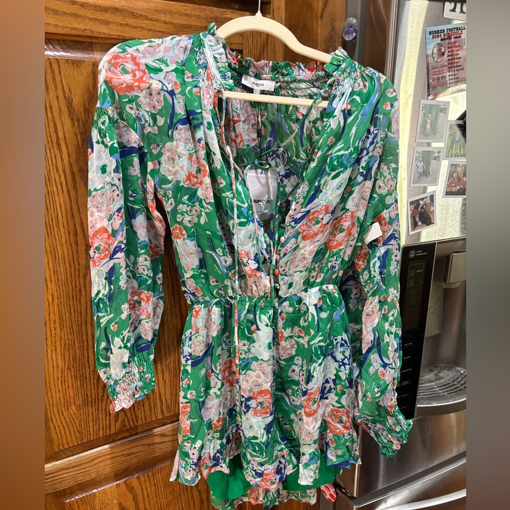 NWT SUNCOO Vibrant Green Floral Romper size T0 (XS) - Picture 3 of 13